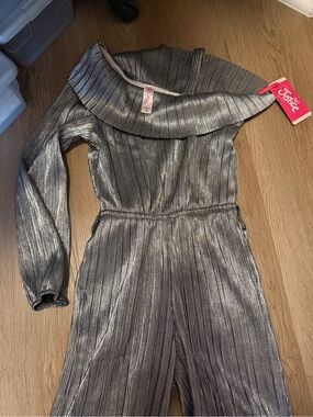 Justice Metallic Silver Off-Shoulder Pleated Jumpsuit